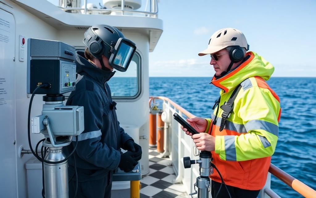 Ricercatori con strumentazione di monitoraggio a bordo di una nave